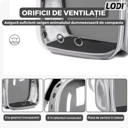 Rucsac Transport Animale Lodi1099, greutate Max 7kg, hublou panoramic transparent, buzunar lateral, 2 iesiri, pentru talie mica, gri