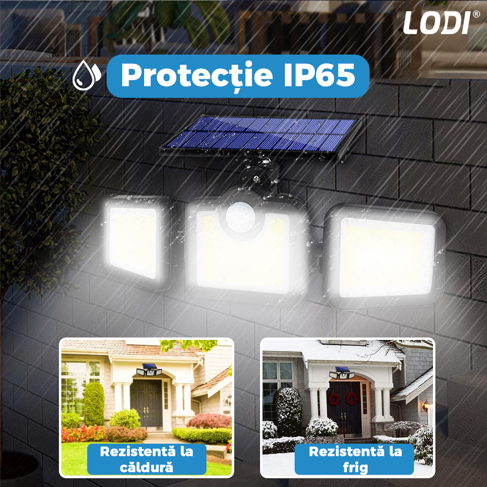 Lampa Solara Tripla 86 LED-uri Lodi263, senzor de miscare, 3 moduri de iluminare, protectie IP65, Waterproof, exterior, negru