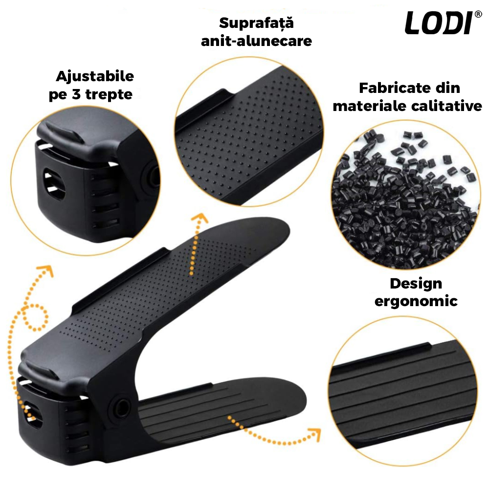 Set 10 Organizatoare Incaltaminte Lodi45, 3 niveluri de reglare pe inaltime, suport pantofi, economisire spatiu, materiale calitative, universale, negru