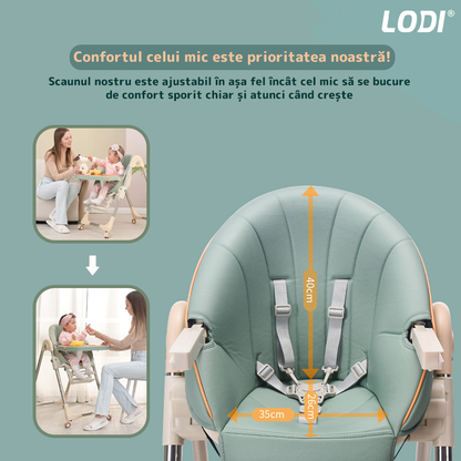 Scaun de Masa 3in1 pentru Bebelusi si Copii Lodi633, inaltime ajustabila, centura de siguranta in 5 puncte, tavita reglabila si detasabila, roti cu frana incorporata, verde smarald