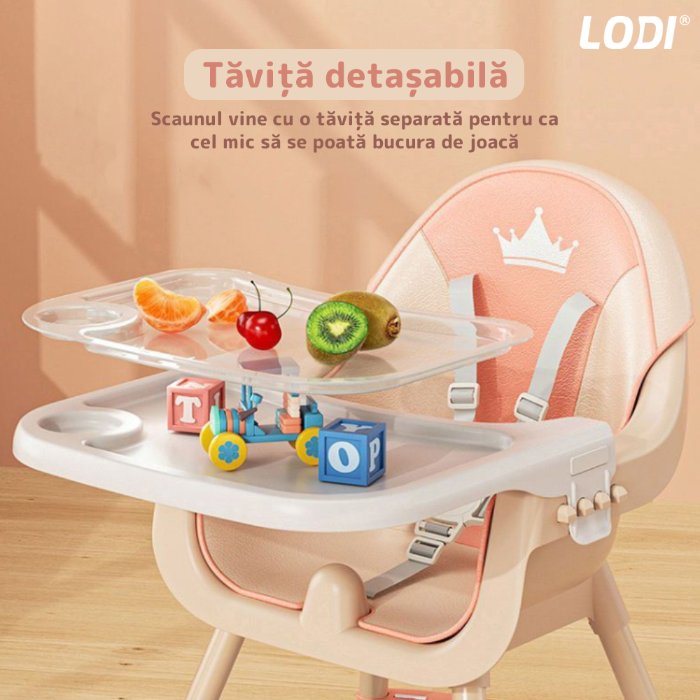 Scaun de Masa 3in1 pentru Bebelusi si Copii  Lodi90, inaltime ajustabila, centura de siguranta in 5 puncte, tavita reglabila si detasabila, loc depozitare jucarii, roz