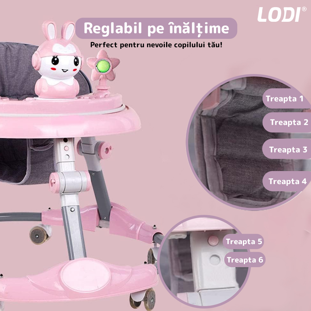 Premergator Multifunctional pentru Bebelusi Lodi29, tava cu 3 jucarii, muzica, reglabil, pliabil, greutate max 20kg, 6-36 luni, roz