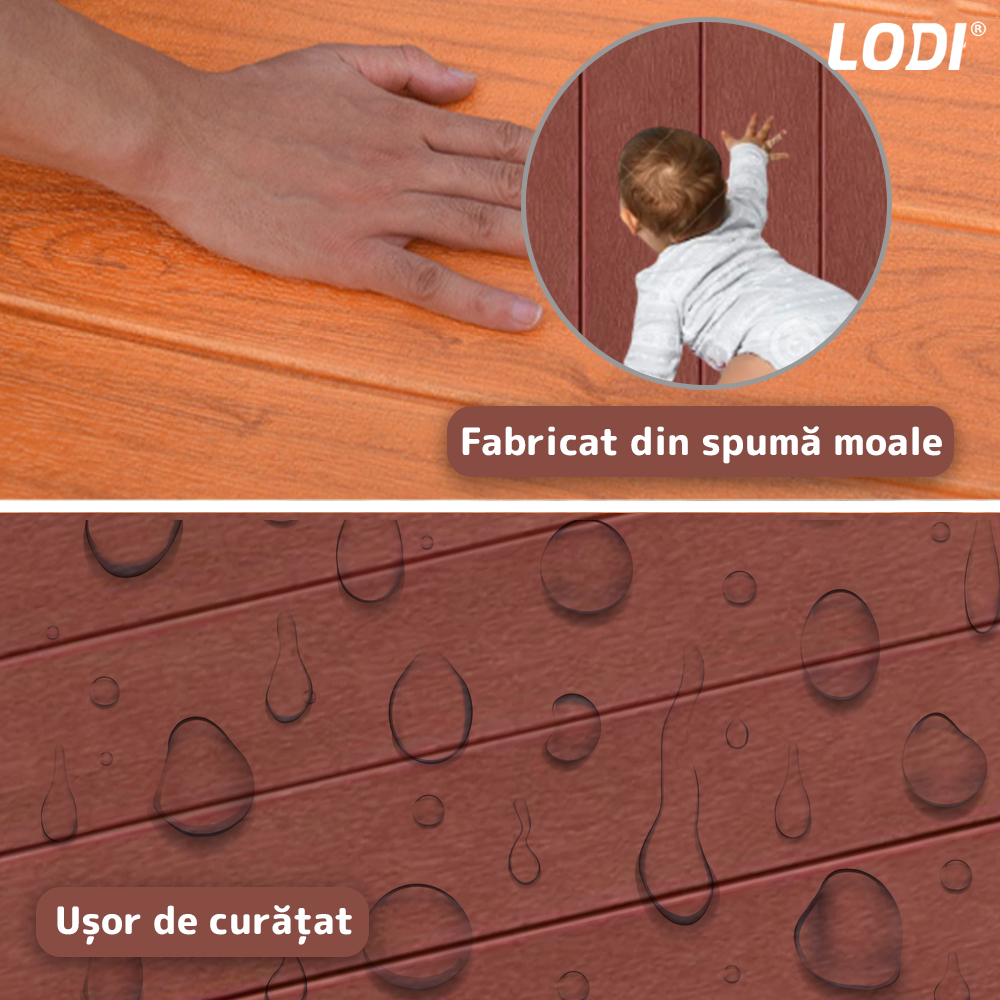 Set Tapet Panou 3D Lodi101, Model Lemn, suprafata acoperire 4.9 mp, autoadeziv, waterproof, usor de montat, design modern, 70x70 cm, maro inchis