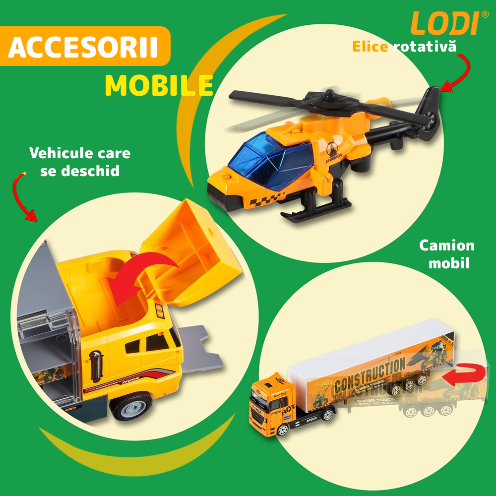 Set Camion Trailer de Jucarie pentru Transport Lodi1165, seria utilaje de constructie, 11 masinute incluse, bulldozer, utilaje, tir, accesorii mobile, lansator si rampa frontala, platforma tractare, galben