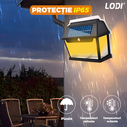 Lampa Solara de Perete LED Tip Felinar Dublu Lodi1273, senzor de miscare 5-8 metri, fara fir, 3 moduri de iluminare, protectie IP65, Waterproof, exterior, negru