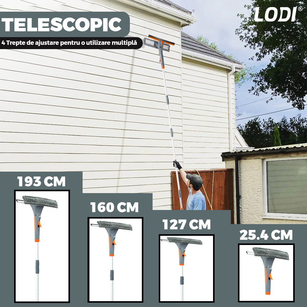 Stergator de Geamuri 3 in 1 Lodi706, laveta detasabila, racleta pentru curatare si lustruire, sticla de spray incorporata, telescopic, gri/portocaliu