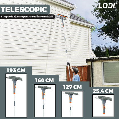 Stergator de Geamuri 3 in 1 Lodi706, laveta detasabila, racleta pentru curatare si lustruire, sticla de spray incorporata, telescopic, gri/portocaliu
