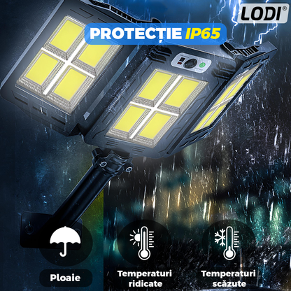 Lampa Solara Stradala 12 LED-uri Lodi873, 3 capete, control prin telecomanda, senzor de miscare, 3 moduri de iluminare, protectie IP65, Waterproof, exterior, negru