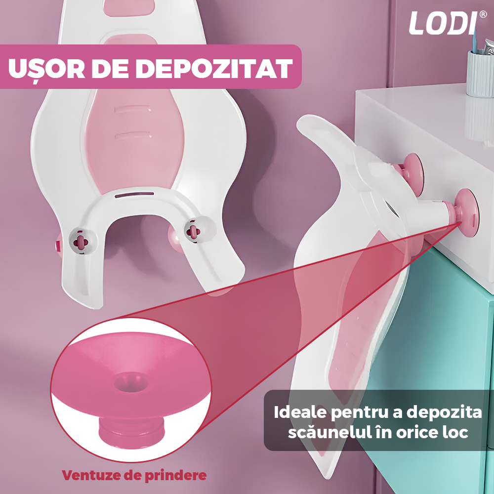 Scaun Portabil de Baie Lodi981, nou-nascuti si bebelusi, cu suport montabil tip ventuza pe chiuveta, lavoar sau cada, antiderapant, colturi rotunjite, roz