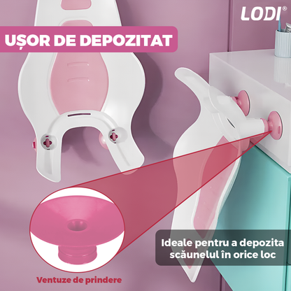 Scaun Portabil de Baie Lodi981, nou-nascuti si bebelusi, cu suport montabil tip ventuza pe chiuveta, lavoar sau cada, antiderapant, colturi rotunjite, roz