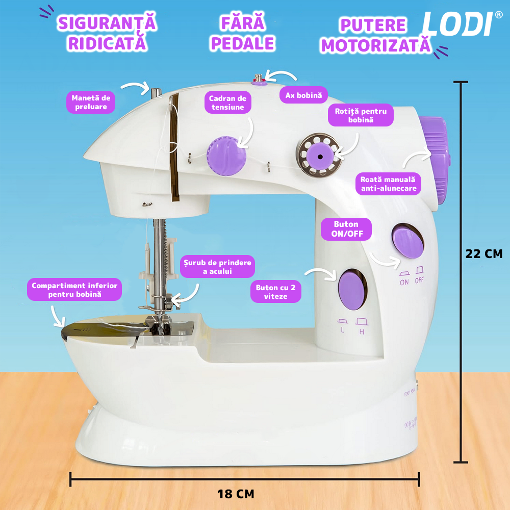 Mini Masina de Cusut XL Lodi1505, portabila, usor de utilizat, fara pedala, design ergonomic, iluminare, doua viteze de coasere, alimentare pe baterii sau la retea, reglare si tensionare a firului, 20 cm, alb/mov