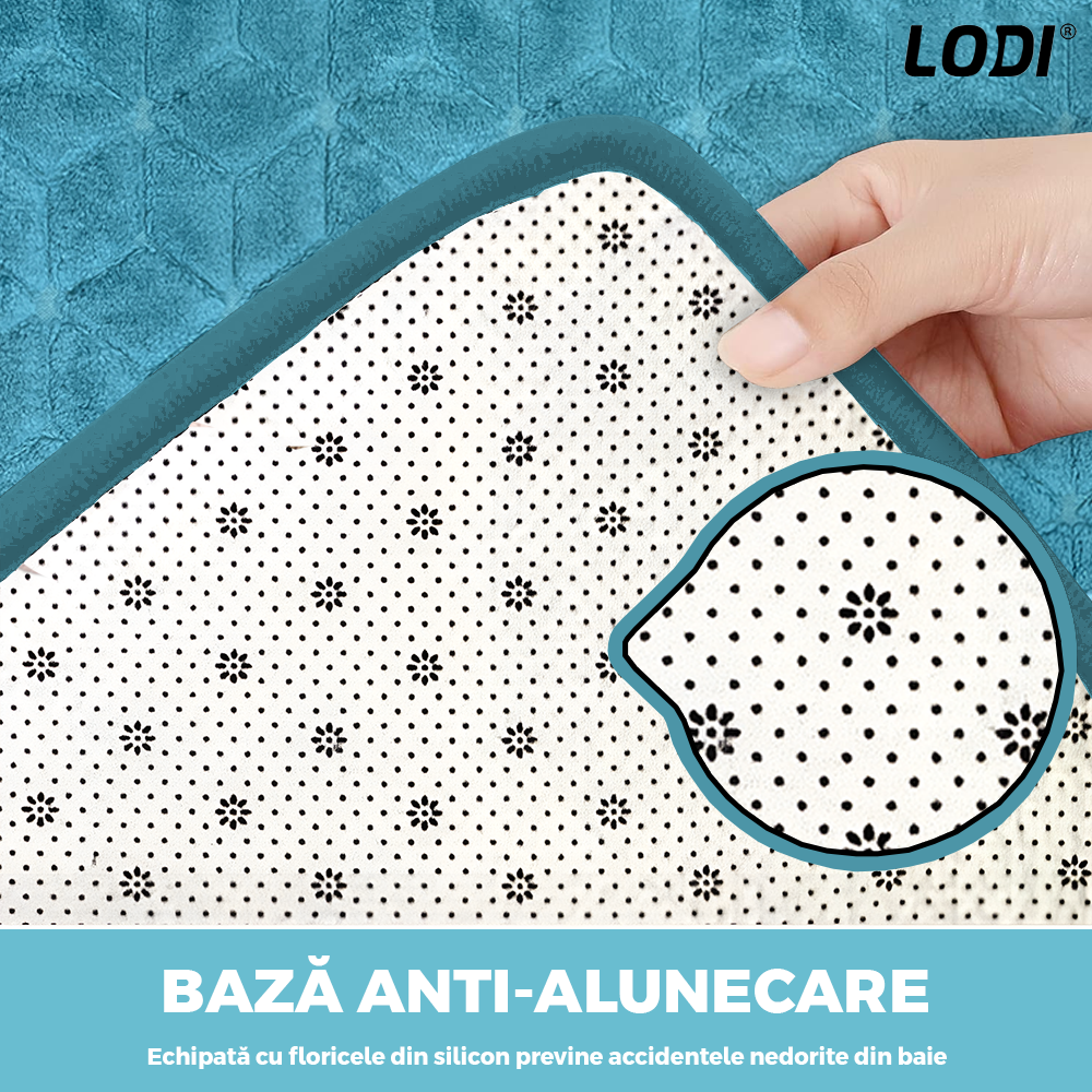 Set 2 Covorase de Baie Lodi1020, anti-derapante, material moale, design modern, model romburi, 80x50 & 50x40cm, turcoaz