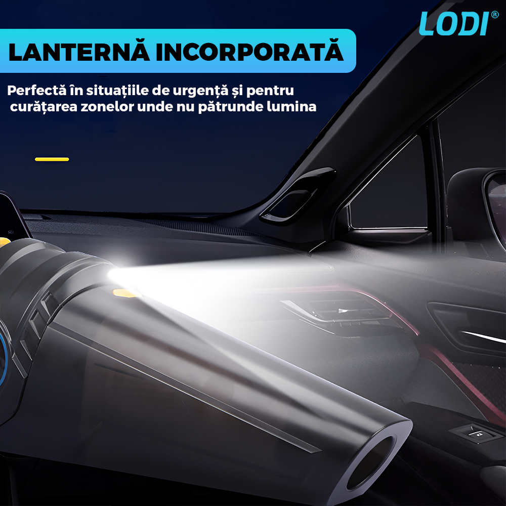 Aspirator Auto 4 in 1 Lodi1179, portabil, multifunctional, wireless, compresor anvelope. manometru, lanterna LED, aspirare umeda/uscata, vacuum 6000 mbar, putere motor 100W,  afisaj digital, negru