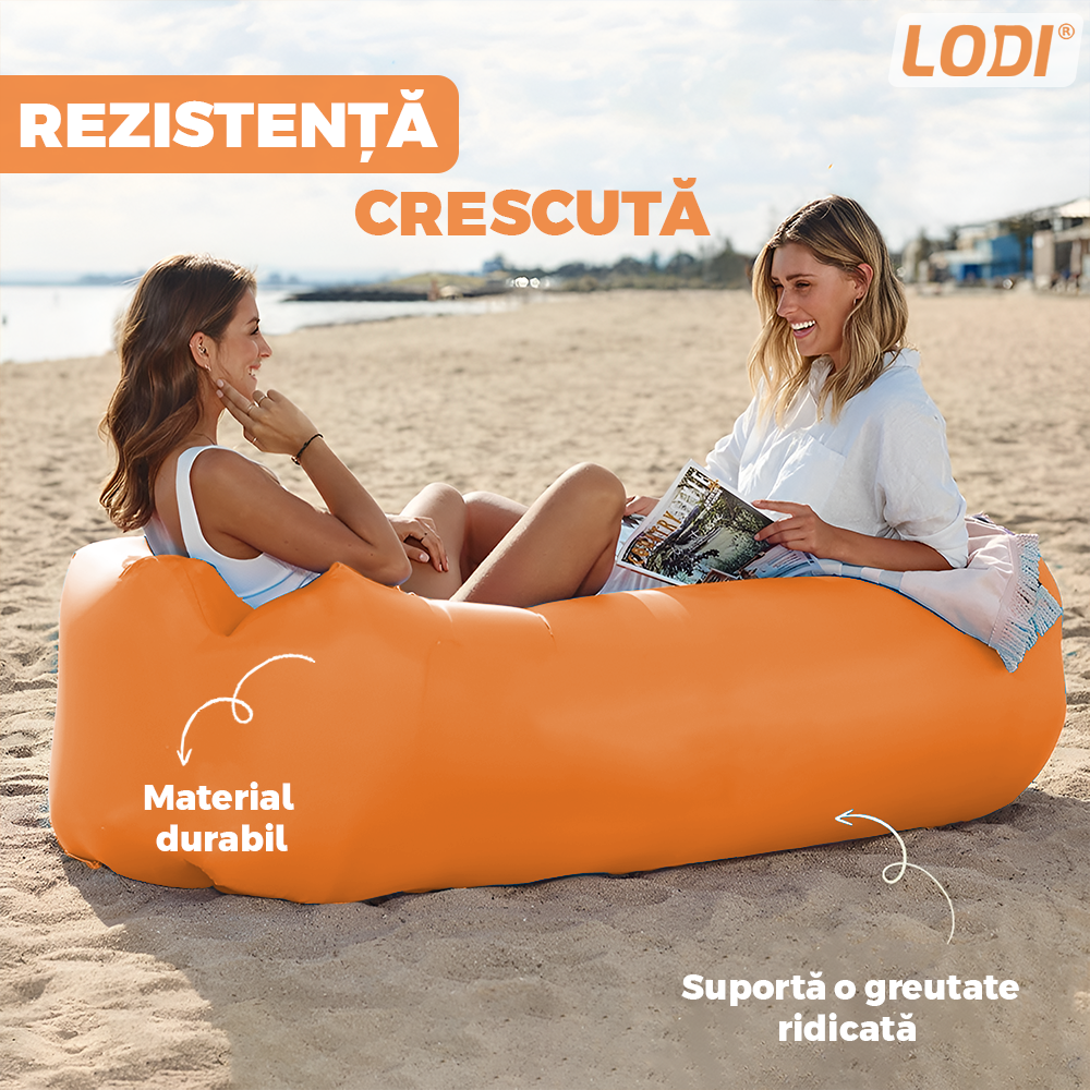 Saltea Gonflabila Tip Sezlong Lazybag Lodi1233, material rezistent, umflare fara pompa, pentru plaja/picnic/camping, rucsac de depozitare, 190 x 70 cm, portocaliu