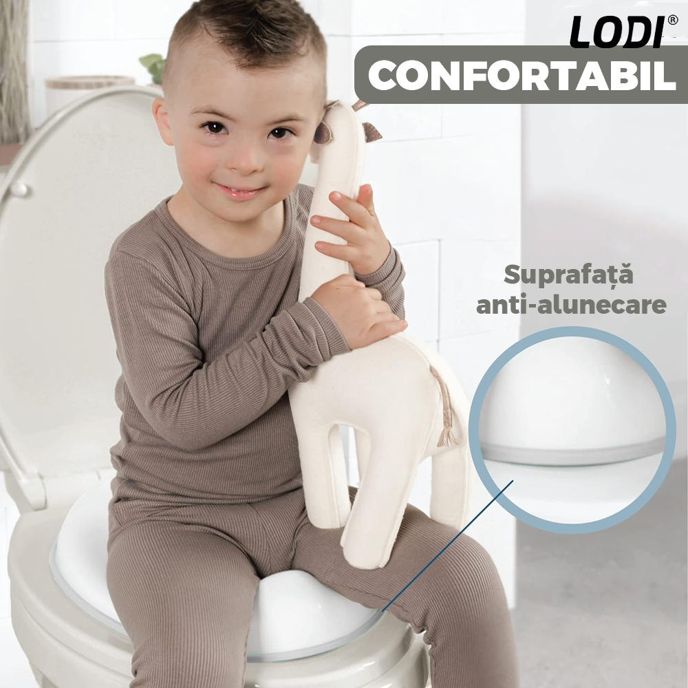 Reductor WC Copii Lodi648, suprafata antiderapanta, confortabil, protectie impotriva stropilor, compatibilitate universala, inel de prindere, portabil, alb/gri
