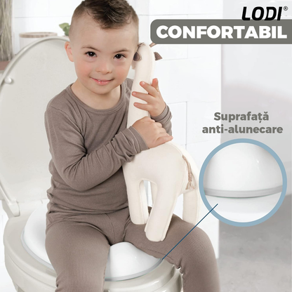 Reductor WC Copii Lodi648, suprafata antiderapanta, confortabil, protectie impotriva stropilor, compatibilitate universala, inel de prindere, portabil, alb/gri