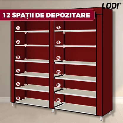 Pantofar din Material Textil pentru Incaltaminte Lodi1488, impermeabil, 12 rafturi, inchidere fermoar, cadru otel, 108 cm, rosu