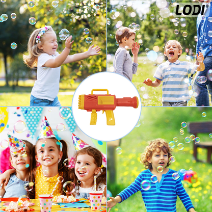 Pistol de Facut Baloane Bubble Gun Lodi65, tip Bazooka, automat, 34 orificii pentru bule, alimentare cu baterii, portocaliu/rosu