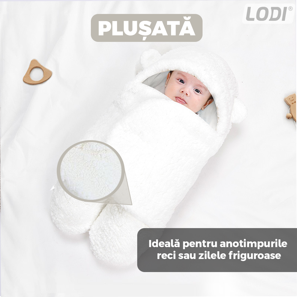Paturica Pufoasa pentru Bebe Lodi495, calduroasa, in forma de ursulet pentru infasat bebelusi, prindere velcro, 0-6 luni, alb