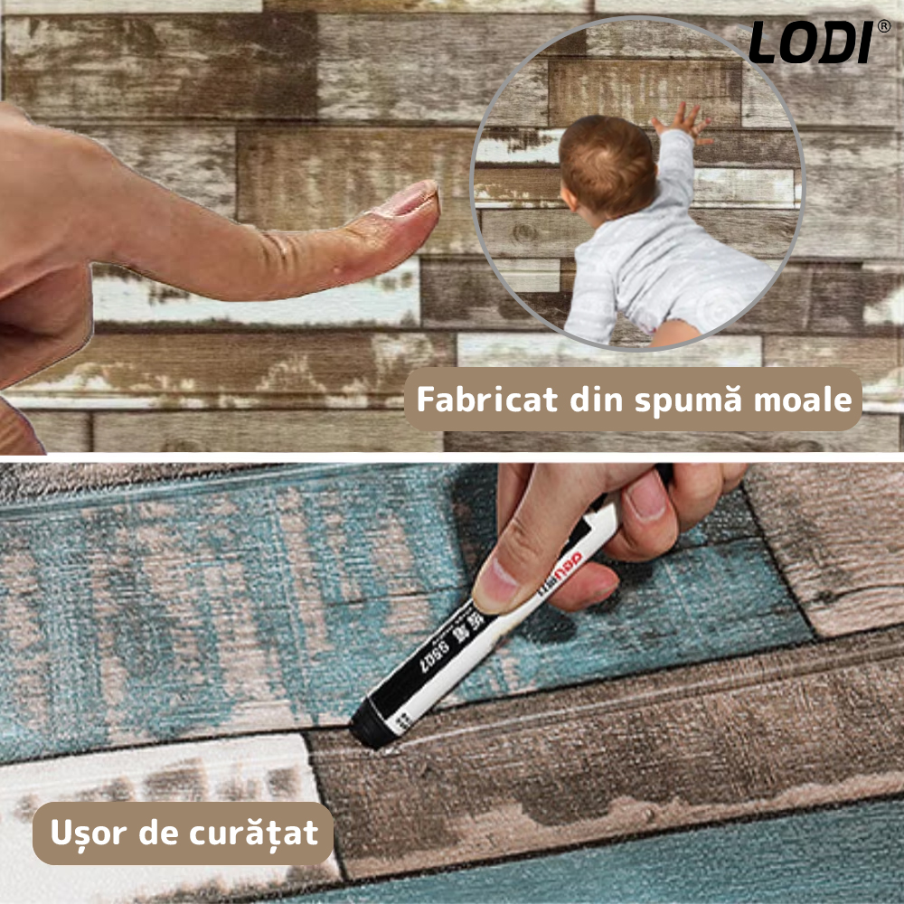 Set Tapet Panou 3D Lodi133, Model Lemn, suprafata acoperire 4.9 mp, autoadeziv, waterproof, usor de montat, design modern, 70x70 cm, maro