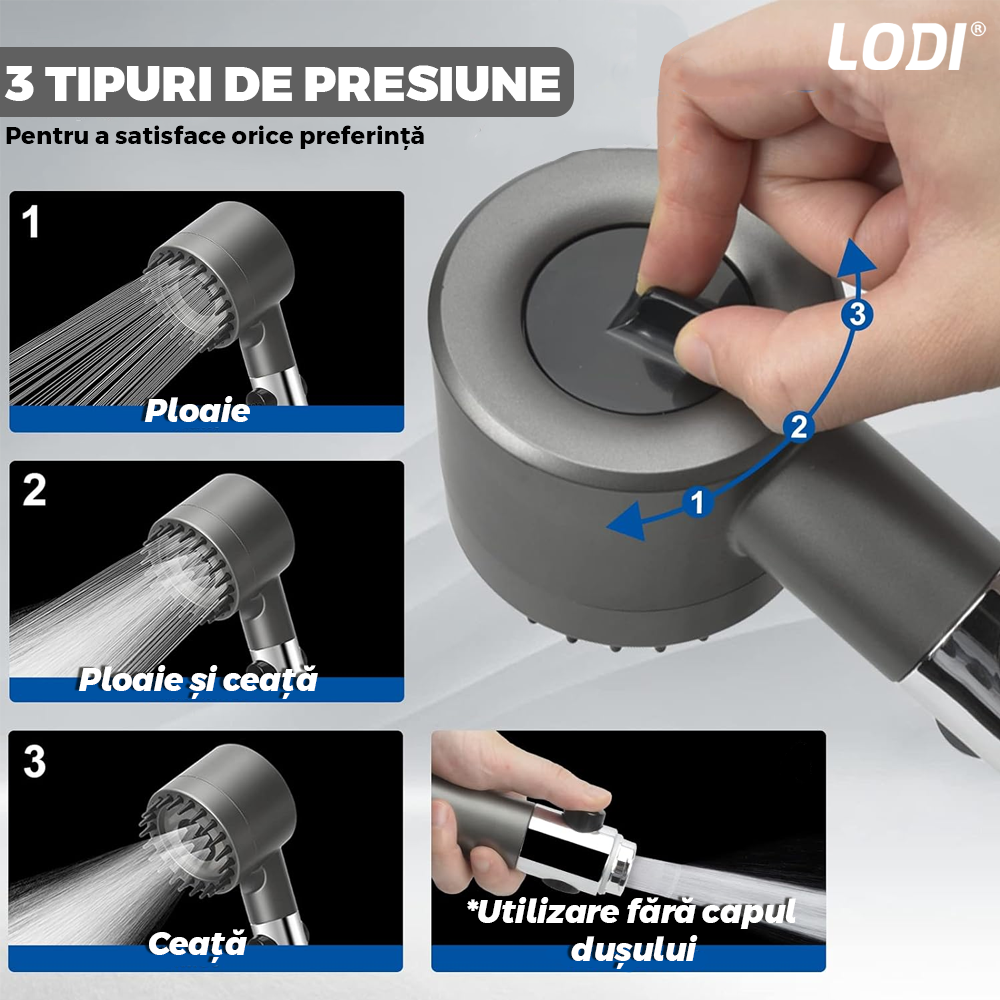 Para de Dus Lodi976, 6 filtre extra, buton On/Off, presiune ajustabila, filtrare apa, jet uniform, zimti de silicon pentru curatare, gri