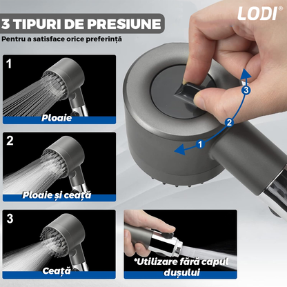 Para de Dus Lodi976, 6 filtre extra, buton On/Off, presiune ajustabila, filtrare apa, jet uniform, zimti de silicon pentru curatare, gri