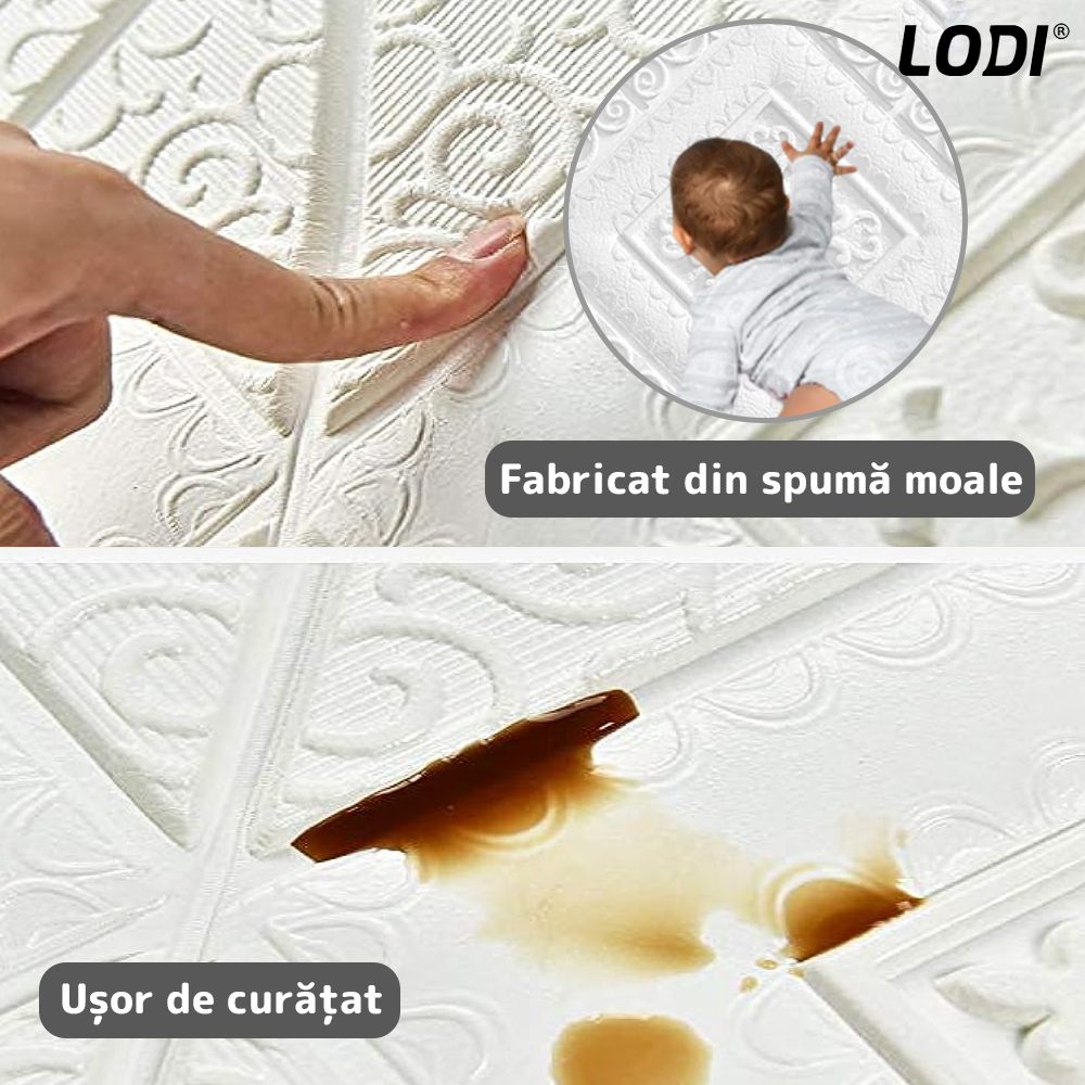 Set Tapet Mic 3D Lodi110, suprafata acoperire 3.06 mp, autoadeziv, perete/tavan, model floare, waterproof, usor de montat, design modern, 35x35 cm, alb
