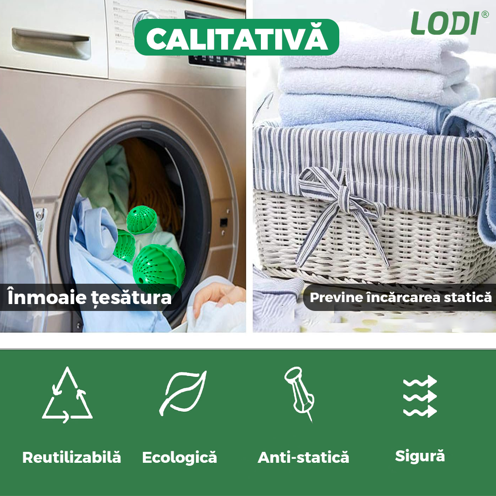 Bila pentru Masina de Spalat si Uscator Lodi997, reduce timpul de uscare al hainelor, previne mirosurile neplacute si depunerile de calcar, ajuta impotriva sifonarii si incurcarii hainelor, previne incarcarea statica, compacta, reutilizabila, verde