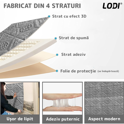 Set 10x Tapet 3D Lodi779, suprafata acoperire 4.9 mp, autoadeziv, Model Floral Carou, perete/tavan, waterproof, usor de montat, design modern, 70x70 cm, gri