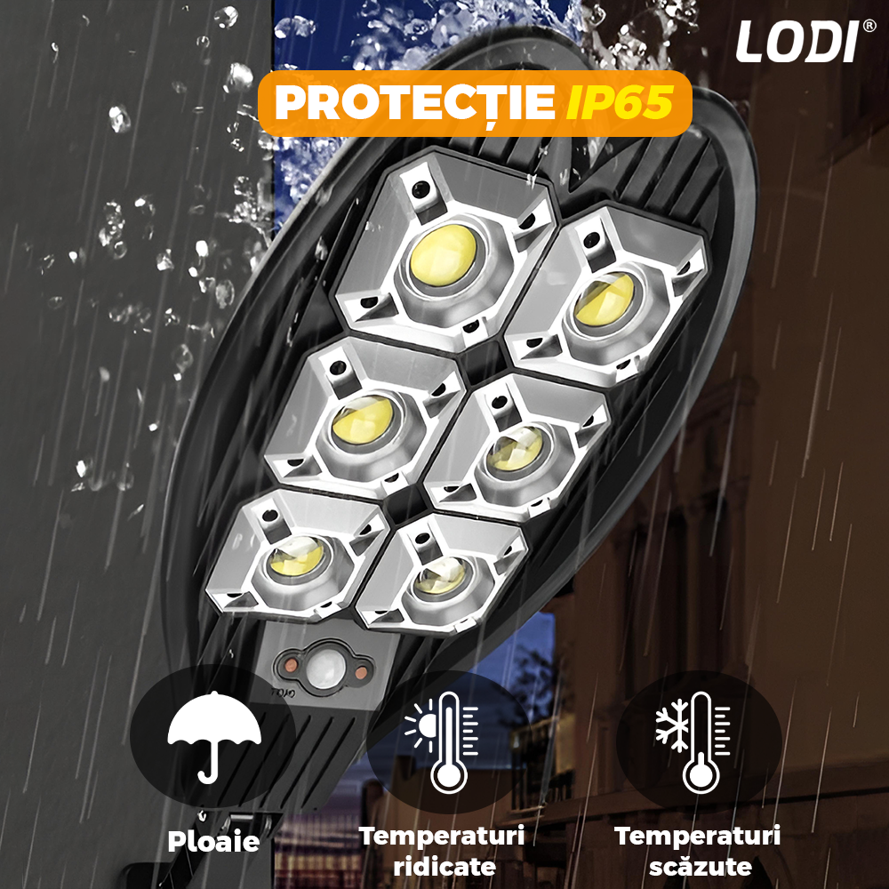 Lampa Solara Stradala 6 LED-uri Lodi866, tip bec, rotunda, control prin telecomanda, senzor de miscare, 3 moduri de iluminare, protectie IP65, Waterproof, exterior, negru