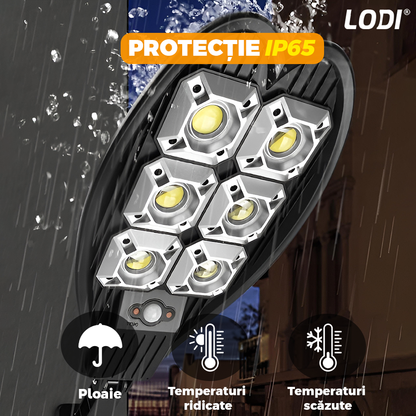 Lampa Solara Stradala 6 LED-uri Lodi866, tip bec, rotunda, control prin telecomanda, senzor de miscare, 3 moduri de iluminare, protectie IP65, Waterproof, exterior, negru