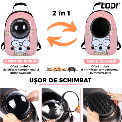 Rucsac Transport Animale Lodi22, greutate Max 7kg, hublou transparent, buzunar lateral, accesorii incluse, pentru talie mica, model Pisica, roz