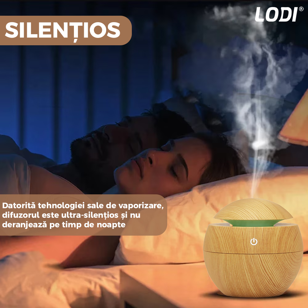 Difuzor Aromaterapie Lodi1464, forma de sfera, 7 culori LED, lumini dinamice, control tactil, capacitate 130ml, silentios, rezerva inclusa, umidifica aerul, stejar deschis