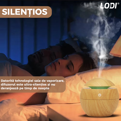 Difuzor Aromaterapie Lodi1464, forma de sfera, 7 culori LED, lumini dinamice, control tactil, capacitate 130ml, silentios, rezerva inclusa, umidifica aerul, stejar deschis