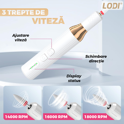 Pila Electrica Profesionala pentru Unghii Lodi1137, freza wireless, 18000 RPM, indicator led, manichiura-pedichiura, 12 capete pentru pila, 36 benzi de slefurie, portabila, alb