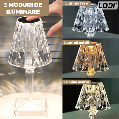 Lampa Ambientala Cristal LED Lodi1219, veioza, portabila, 3 moduri de iluminare, intensitate ajustabila, tactila, incarcare USB