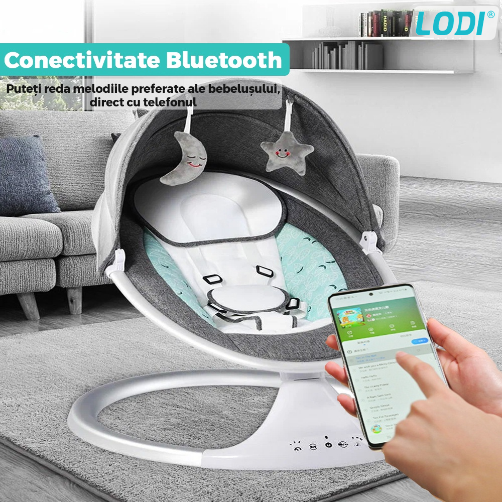 Leagan Electric Lodi123, conectivitate Bluetooth, telecomanda, plasa protectie tantari pentru bebelusi, jucarii, muzica, gri