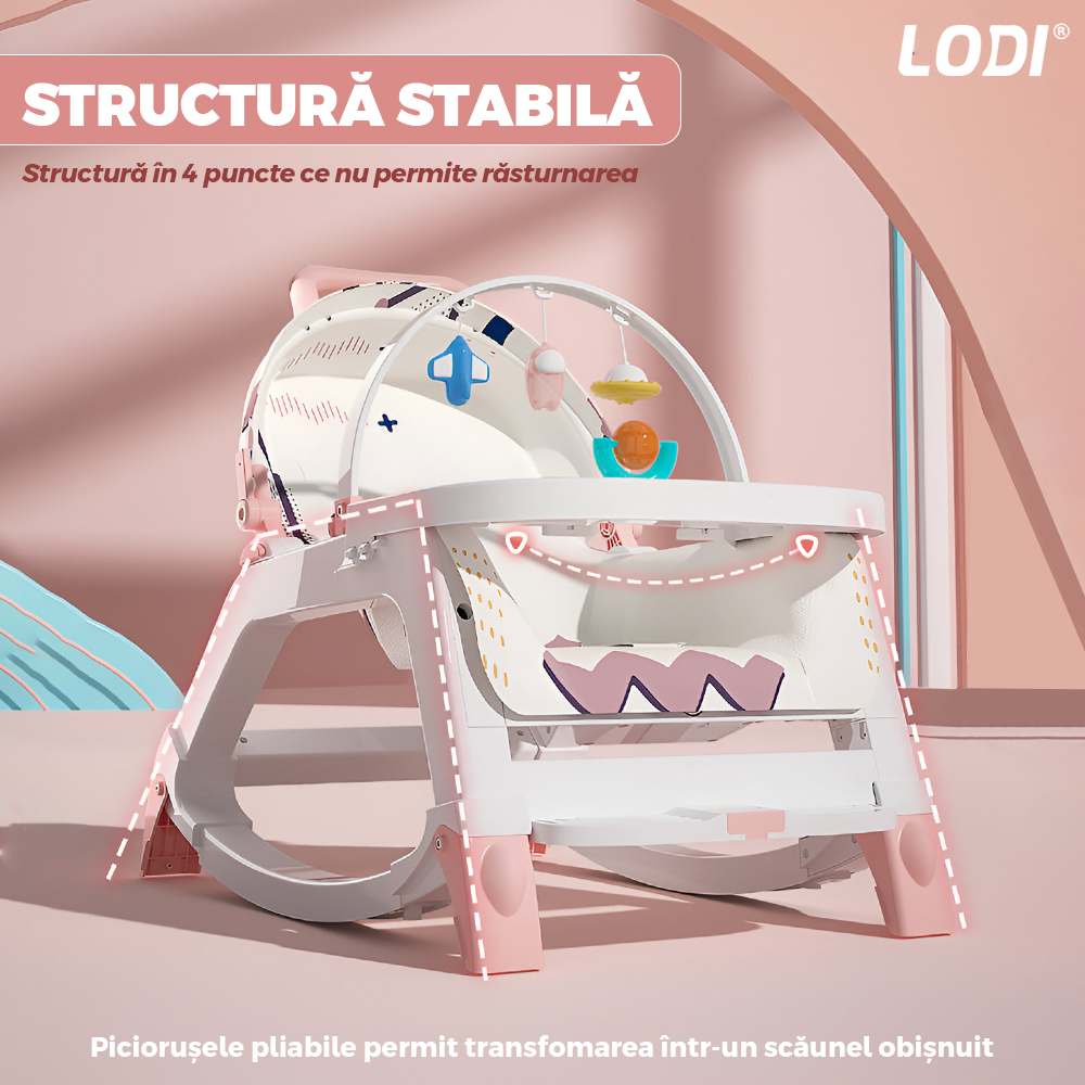 Balansoar pentru Bebelusi 3 in 1 Lodi1133, functie de carucior, functie de scaun de luat masa, tavita cu jucarii detasabila, reglabila pe 2 trepte, plasa pentru depozitare, spatar ajustabil, alb/roz