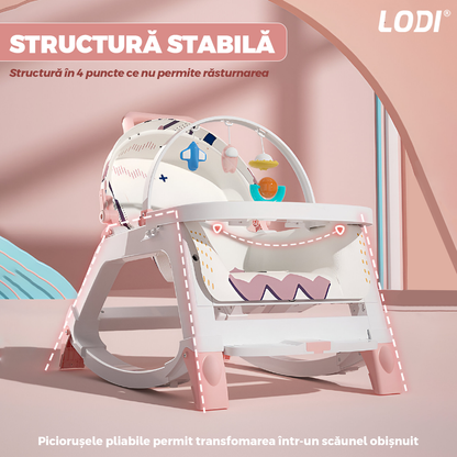 Balansoar pentru Bebelusi 3 in 1 Lodi1133, functie de carucior, functie de scaun de luat masa, tavita cu jucarii detasabila, reglabila pe 2 trepte, plasa pentru depozitare, spatar ajustabil, alb/roz