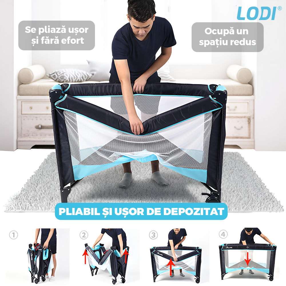 Patut Turistic Pliabil pentru Copii Lodi982, usa cu fermoar exterior, plasa de protectie tantari, materiale calitative, usor de montat, geanta de depozitare, dimensiuni 125x78x65, albastru