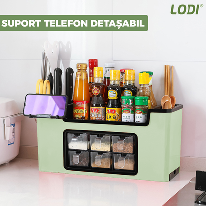 Organizator Multifunctional pentru Bucatarie Lodi683, 6 Compartimente, raft condimente, suport detasabil telefon, tavita de scurgere, suport tacamuri/ustensile, verde deschis