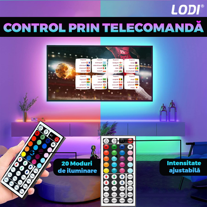 Kit Banda LED RGB Lodi453, inteligenta cu intensitate de lumina si culori reglabile, control prin telecomanda cu 44 taste, 5050RGB, utilizare exterior IP20, 5 m, multicolora