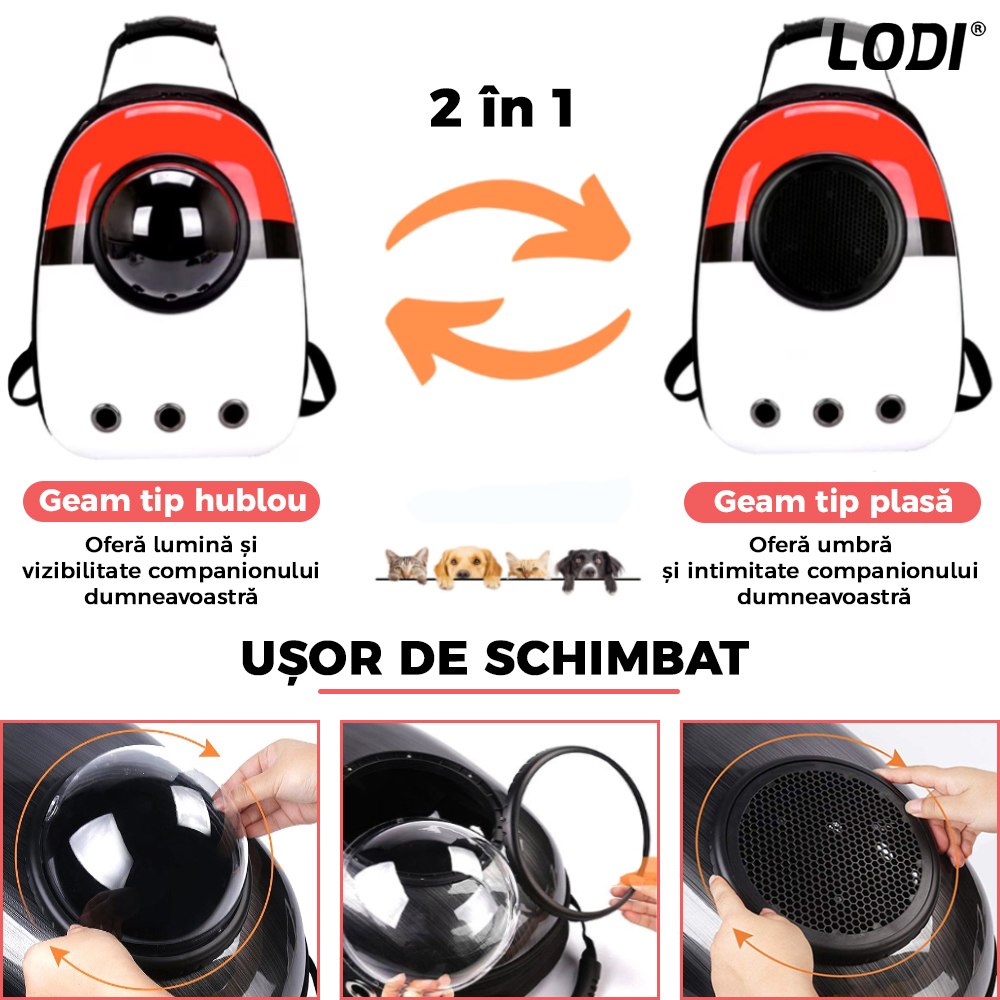 Rucsac Transport Animale Lodi46, greutate Max 7kg, hublou transparent, buzunar lateral, accesorii incluse, pentru talie mica, model Pokeball, rosu