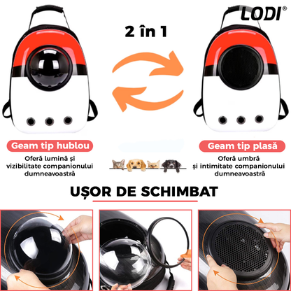 Rucsac Transport Animale Lodi46, greutate Max 7kg, hublou transparent, buzunar lateral, accesorii incluse, pentru talie mica, model Pokeball, rosu