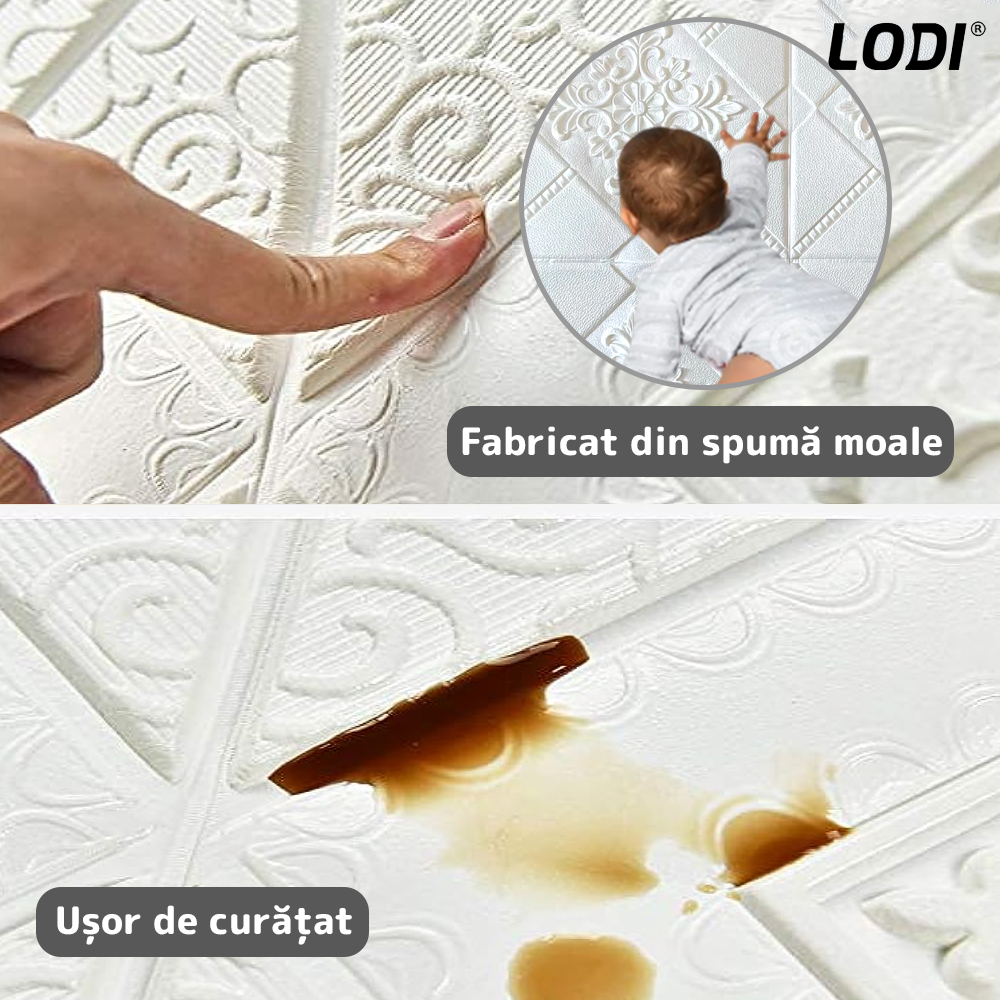 Set Tapet 3D Lodi115, suprafata acoperire 4.9 mp, autoadeziv, perete/tavan, model floral, waterproof, usor de montat, design modern, 70x70 cm, alb