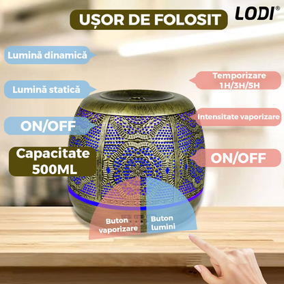 Difuzor Aromaterapie Lodi684, din metal, design vintage, 7 culori LED, 2 jocuri de lumini, capacitate 500ml, silentios, umidifica aerul, bronz