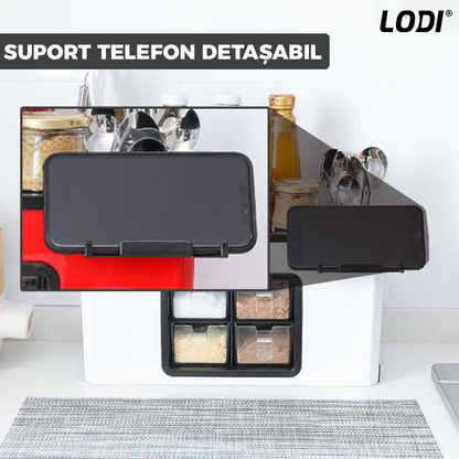 Organizator Multifunctional pentru Bucatarie Lodi534, 4 Compartimente, raft condimente, suport detasabil telefon,  tavita de scurgere, suport tacamuri/ustensile, alb