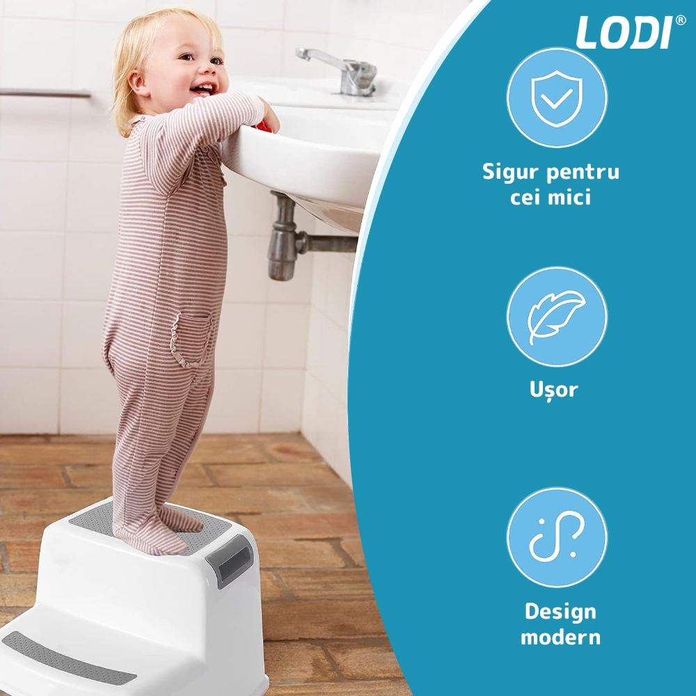 Scaunel Inaltator pentru Copii Lodi852, multifunctional, doua trepte, suprafata anti-alunecare, picioruse antiderapante, pentru bucatarie/baie, tip scara, confortabil, sigur, alb