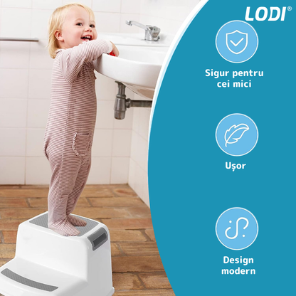 Scaunel Inaltator pentru Copii Lodi852, multifunctional, doua trepte, suprafata anti-alunecare, picioruse antiderapante, pentru bucatarie/baie, tip scara, confortabil, sigur, alb