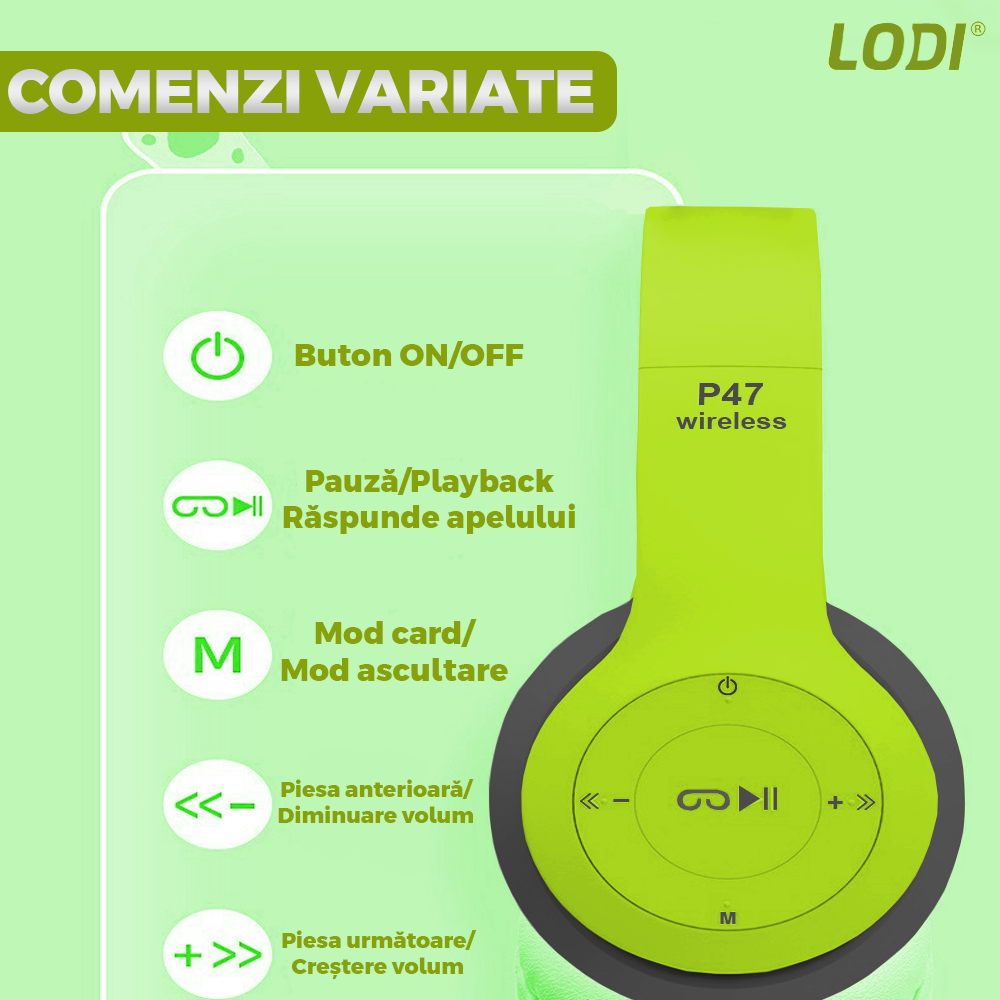 Casti Wireless Lodi957, P47, overear, bluetooth 5.0, 3 porturi integrate, handsfree, HiFi, bass stereo, gri/lime